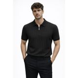 BOLD 2026 Yeni Sezon Fermuarlı Triko Polo Yaka T-Shirt Modern Çizgili Dokulu Erkek Yazlık SİYAH