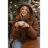Bold Icon Kadın Kapüşonlu Oversize Gizli Cep Fermuarlı Eteği Lastikli Mikro Kumaş Şişme Mont 258