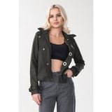 Bold & Young Kadın Viskon Polyester Likralı Kumaş Kol Ucu Toka Bantlı Kuş Gözü Aksesuarlı Çıt Çıtlı Cepli Ceket Haki - 2XL