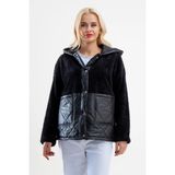 Bold & Young Siyah Wellsoft Peluş Kapitone Cepli Kapüşonlu Fermuarlı Kadın Ceket - Siyah Kapitone - 2XL