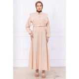 Bolerolu Beli Lastikli Elbise Bej HM2756 - 44