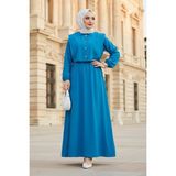 Bolerolu Beli Lastikli Tesettür Elbise Mavi HM262756 - 42