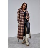 Bolivente Elora Kahverengi Ekose Detaylı Premium Oversize Trençkot 46650 - Kahverengi - Vizon