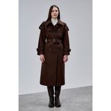 Bolivente Kadın Oversize Acı Kahve Kuşaklı Kaşe Kaban Polyester Uzun Kol Özellikli 44577 - 2XL