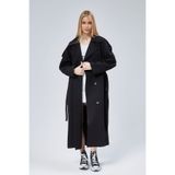 Bolivente Kadın Siyah Oversize Trençkot – Astarlı Uzun Kruvaze Kuşaklı Çift Cepli Trençkot |