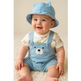 Bolly Baby Sevimli Hayvan Baskılı Kulak Detaylı Şapkalı Salopet Ağdan Çıtçıtlı 3 Lü Yazlık Erkek Bebek Takım