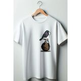 Bomba Kuş Baskılı Oversize Geniş Kalıp Unisex Bisiklet Yaka Beyaz Tshirt - XL