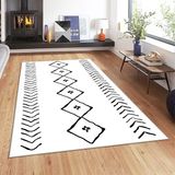 Bona Fortuna Geometrik Çizgi Kilim Desenli Bohem Dijital Baskı Yıkanabilir Kaymaz Taban Salon Halısı ve Yolluk - 100 x 200 cm - Beyaz - Siyah