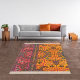 Bona Fortuna Kilim Desenli Etnik Dijital Baskı Yıkanabilir Kaymaz Taban Modern Salon Halı ve Yolluk - 100 x 150 cm - Turuncu