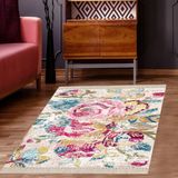 Bona Fortuna Patchwork Gül Desenli Dijital Baskı Yıkanabilir Kaymaz Taban Eskitme Salon Halı - 80 x 200 cm - Bej - Pembe