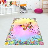 Bona Fortuna Renkli Kelebek Çiçek Desenli Dijital Baskı Yıkanabilir Kaymaz Taban Leke Tutmaz Çocuk Odası Halısı - 40 x 40 cm - Pembe