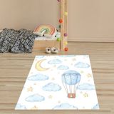 Bona Fortuna Uçan Balon Bulut Desenli Halı Dijital Baskı Yıkanabilir Kaymaz Taban Leke Tutmaz Çocuk Odası Halısı - 40 x 40 cm - Beyaz - Mavi