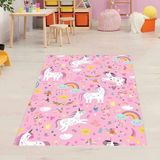 Bona Fortuna Unicorn Desen Yıldız Gökkuşağı Dijital Baskı Yıkanabilir Kaymaz Taban Leke Tutmaz Çocuk Odası Halısı - 80 x 150 cm - Pembe