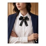 BonaStudio Kadın Siyah Saten Fiyonk Broş Vintage Pirinç Düğme Detaylı Yaka Aksesuarı Gömlek Papyon Kravat