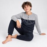 Bonbon Genç Erkek Pamuklu Yakası Düğmeli Cepli Hediyelik Gri - Lacivert Renk Alt Üst Pijama Takımı AL008 V2 BB2439 - 15 - 16 Yaş