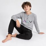Bonbon Genç Erkek Pamuklu Yakası Düğmeli Cepli Hediyelik Gri Melanj Renk Alt Üst Pijama Takımı AL009 V1 BB2440 - 13 - 14 Yaş