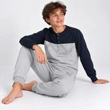 Bonbon Genç Erkek Pamuklu Yakası Düğmeli Cepli Hediyelik Lacivert - Gri Renk Alt Üst Pijama Takımı AL008 V1 BB2438 - 15 - 16 Yaş