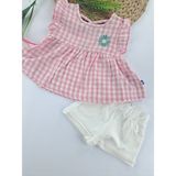 Bonboner Kids Kız Çocuk/bebek Keten Şort Gömlek Bluz Ikili Takım Çiçek Nakışlı Sırt Çapraz Ip Detaylı - 01P-Pembe - 9 Ay