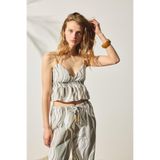 Boncuk Askılı Gipeli Crop Keten Bluz Haki