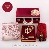 Boncuklu Kutu Ceyizlik, Sal + Seccade + Tesbih + Kuran Hediye Seti (Hafiz B. Kadife, Bordo)