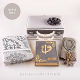 Boncuklu Kutu Ceyizlik, Sal + Seccade + Tesbih + Kuran Hediye Seti (Hafiz B. Kadife, Gri)