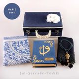 Boncuklu Kutu Ceyizlik, Sal + Seccade + Tesbih + Kuran Hediye Seti (Hafiz B. Kadife, Lacivert)