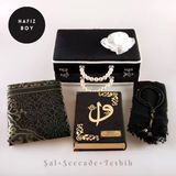 Boncuklu Kutu Ceyizlik, Sal + Seccade + Tesbih + Kuran Hediye Seti (Hafiz B. Kadife, Siyah)