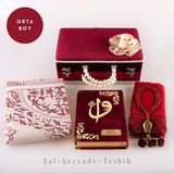 Boncuklu Kutu Çeyizlik, Şal + Seccade + Tesbih + Kuran Hediye Seti (Orta B. Kadife, Bordo) - 16x24 cm