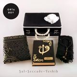 Boncuklu Kutu Ceyizlik, Sal + Seccade + Tesbih + Kuran Hediye Seti (Orta B. Kadife, Siyah)