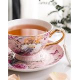 Bone China İngiliz Pembe Çay Fincanı ve Tabağı Seti 2'li | Çiçek ve Kuş Desenli, Altın Saplı, Bulaşık Makinesinde Yıkanabilir, Mikrodalga Uyumlu, 2 Fincan + 2 Tabak