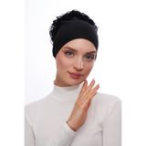 BONEMODA Bone Moda Dikişsiz Fırfırlı Bağlamalı Penye Bone – Arkası Tül Detaylı Tesettür Bone