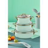 Bonera Emaye Vintage Güveç 6 Parça Tencere Seti 16-20-22 cm - Gri - Granit İç Kaplama - Yeşil