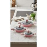 Bonera Seramik Kaplama Sahan Seti 6 Parça (18-20-22 cm) Pembe - Yumurta Menemen Tavası