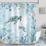 Bonhause Duş perdesi deniz kaplumbağası mavi okyanus plaj sahil duş perdeleri 180 x 180 cm küf tutmaz su geçirmez polyester kumaş yıkanabilir banyo perdesi 12 kancalı banyo perdesi