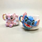 Bonita Bon Luxe 3D Kabartmalı Hediye Harf Charmlı El Yapımı Kişiselleştirilebilir Lilo ve Stitch Seramik Kupa - Pembe - Mavi