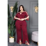 BONİTA FASHİON Büyük Beden Kolları ve Paçası Tül üzeri Nakışlı Fiyonk Detaylı Şık Pantolon Tunik Set