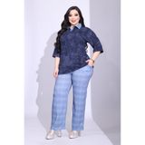 BONİTA FASHİON Kadın Büyük Beden Jean Görünümlü Likralı Pantolon ve Taşlı Batik Bluz Gömlek Yakalı Trend 2"li Takım