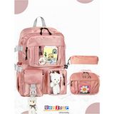 Bonjour Gift & Hobby Kız Çocuk İçin 3'lü Kore Modeli Set Sırt Çantası Tekstil Materyal Figür Desenli Şık Tasarım - Bej