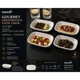 Bonnami Bonna Gourmet Dikdörtgen Kayık Tabak Seti 4'lü - 14X10 cm Premium Porselen Meze ve Sunum Tabağı - 4 Adet - Beyaz