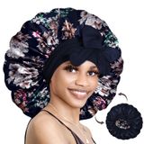 Bonnet Queen İpek kaput uyku için saten kaput saç kaput çift katmanlı büyük kaput büyük boy Afro gece uyku saç şal kadınlar için kıvırcık saç Locs örgü kravat bandı ile