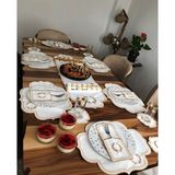 Bonny Home Başak Krem Gold Amerikan Servis 6 Kişilik 19 Parça Runner Seti Deri Yemek Sunum Takımı Nakışlı 6lı Supla - 35 x 45 cm - Krem - Gold