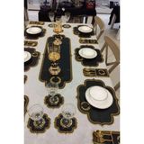 Bonny Home Başak Siyah Altın Amerikan Servis 6 Kişilik 19 Parça Runner Seti Deri Yemek Sunum Takımı Nakışlı 6lı Supla - 35 x 45 cm - Siyah - Altın