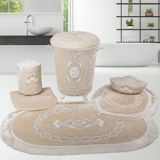 Bonny Home Exclusive 6'lı Fransız Dantelli Banyo Kirli Çamaşır Sepeti ve Banyo Paspası Seti - Kahverengi - Cappuccino