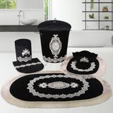 Bonny Home Exclusive 6'lı Fransız Dantelli Banyo Kirli Çamaşır Sepeti ve Banyo Paspası Seti - Siyah