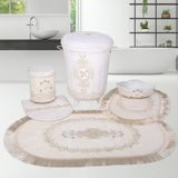 Bonny Home Exclusive Krem 6 Parça Fransız Dantelli Banyo Kirli Çamaşır Sepeti ve Banyo Paspası Seti - 80 x 125 cm