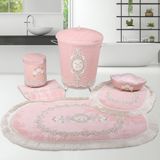 Bonny Home Exclusive Pudra 6 Parça Fransız Dantelli Banyo Kirli Çamaşır Sepeti ve Banyo Paspası Seti - 80 x 125 cm