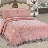 Bonny Home Fransız Dantelli Çift Kişilik Pudra Battaniye Takımı Çeyizlik Yatak Örtüsü Seti - 240 x 260 cm