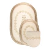 Bonny Home Krem Exclusive 3lü Oval Çeyizlik Saçaklı Fransız Dantelli Klozet Takımı Banyo Paspas Seti
