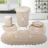 Bonny Home Lisa 6'lı Fransız Dantelli Banyo Kirli Çamaşır Sepeti ve Banyo Paspası Seti - Kahverengi - Cappuccino