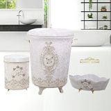 Bonny Home Lisa Krem 3lü Kadife Çeyizlik Dantelli Banyo Kirli Çamaşır Sepeti Seti